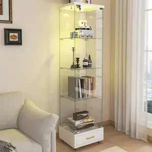 Modern Glass Display Cabinet with Drawer , Quick-assembly Antique Cabinet with LED lights, Tempered Glass Bookshelf,  1-Door Storage Case with 4 Shelves  for Living Room and Bedroom, White
