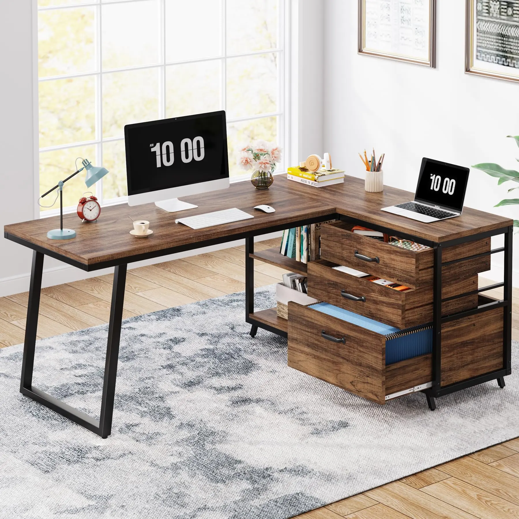 Tribesigns L-Shaped Computer Desk with 3 Drawers, 53-Inch Reversible Corner Desk Home Office Desk with Shelves for Small Space