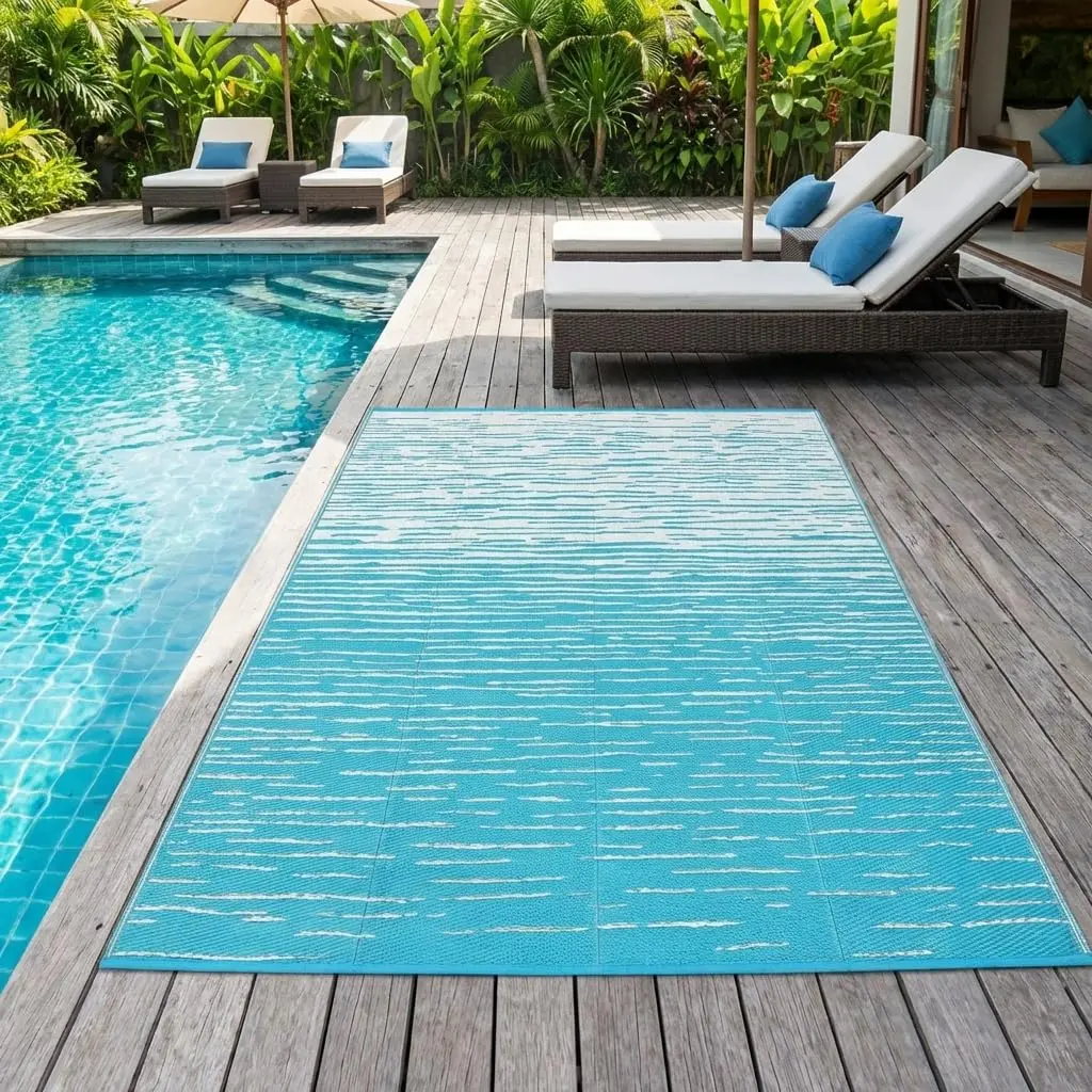 Reversible Outdoor Rug Waterproof Plastic Straw RV Patio Rug with Modern Striped Abstract Design, UV Resistant Foldable Outside Carpet for Deck Balcony Porch Beach Picnic Backyard, Indoor Outdoor Area Rug