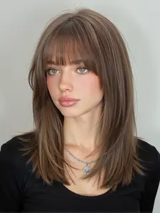 16 Inch Light Bangs Highlighted Straight Hair Wig, With Bangs Wig, Full Head Synthetic Material High Quality, Daily Wear False Hair, Synthetic Material Wigs