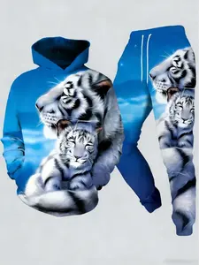 Men's 2-Piece White Tiger All-Over Print Sports Set - Blue Gradient Animal Pattern Sweatshirt, Soft Hoodie with Pockets, Sweatpants, Stylish Casual Streetwear, Suitable for Everyday Use