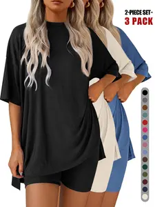 Cozy Mama Lounge Set, Women's 2-Piece Loungewear Set, Crew Neck Oversized T-Shirt & Shorts, Comfortable Home Wear