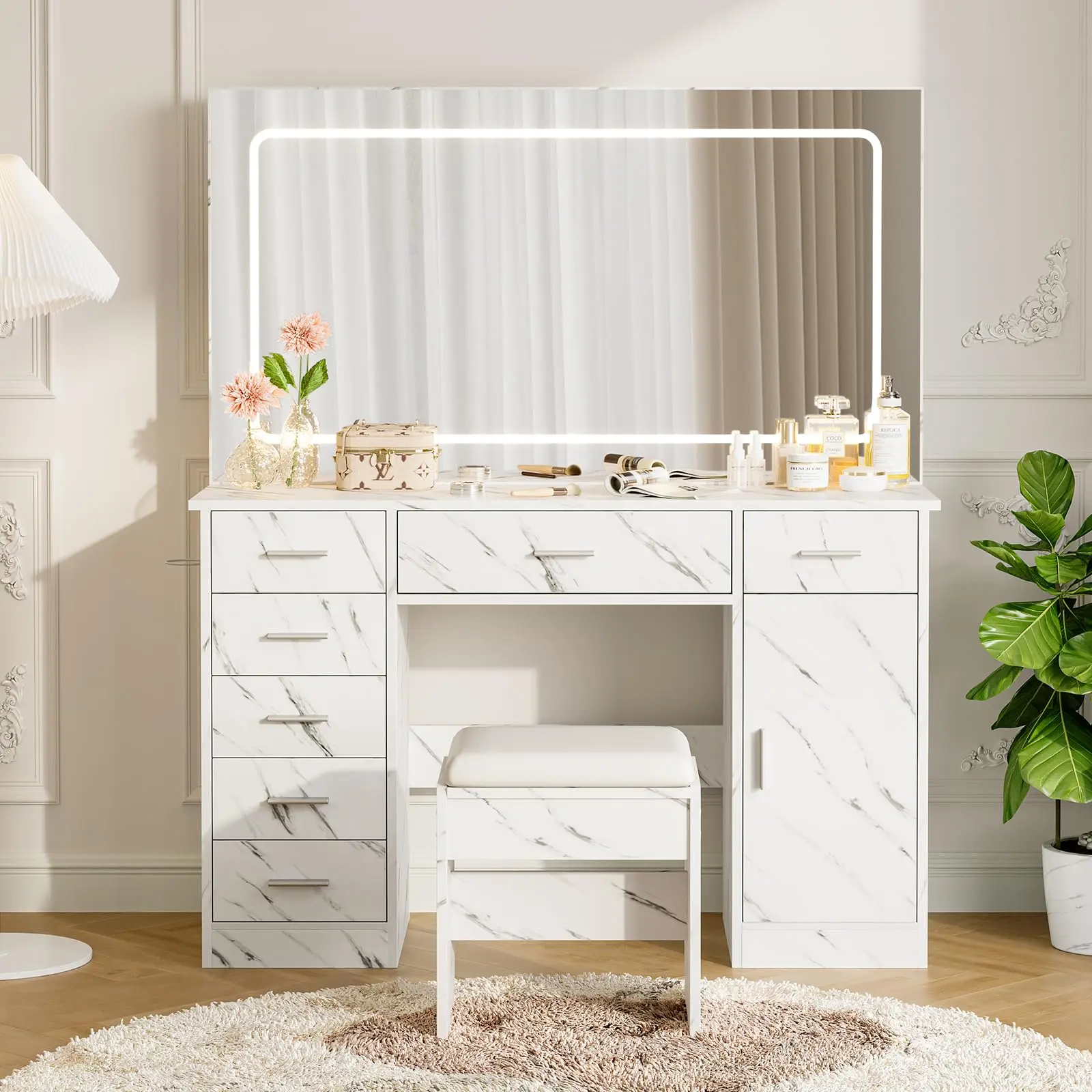 【GARVEE】Marble Vanity Desk with LED Mirror - Makeup Table with 7 Drawers & Charging Station - 3 Lighting Modes - Modern Bedroom Furniture