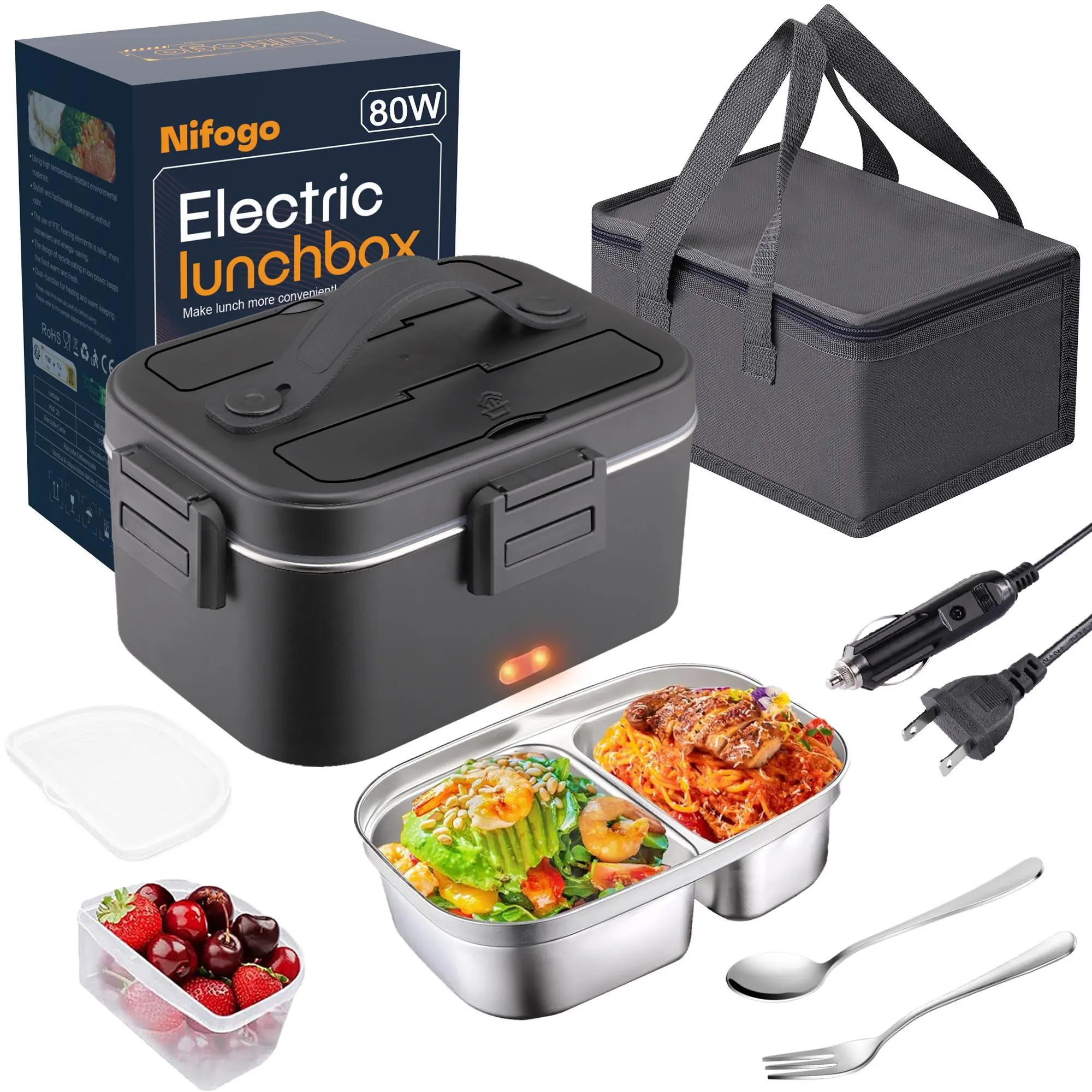 80W Self-Heating Lunch Box, 1.5L/1.8L Black Food Heater with Outdoor Dining Set & Insulated Bag, Portable 12V/24V/110V for Camping & Work, Father’s Day Gift, 80W/1.8L/Black, Heated Lunch Box, Stainless Steel, 80W Power, Tableware