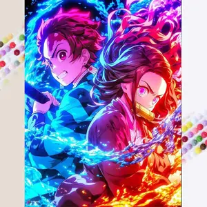 1 DIY diamond painting kit, 5D diamond art set, DIY decoration Anime Design Tanjiro, Nezuko, sword, diamond painting kit with round diamonds, mosaic, diamond art, DIY home decor, suitable for Christmas