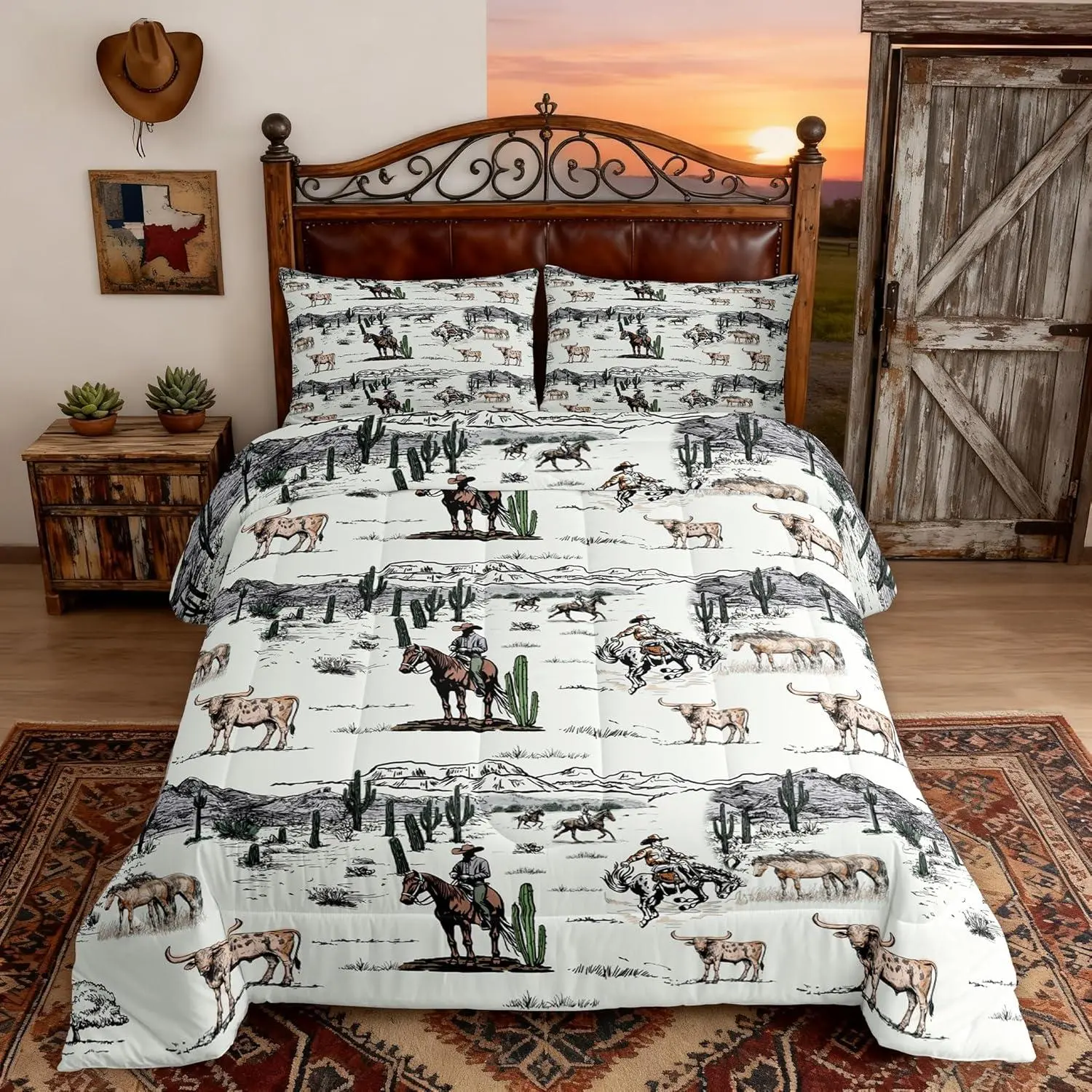 Feelyou Western Cowboy Microfiber Breathable Decorative Soft Duvet Set - Vintage Southwest Vibe, Cowboy Print, Desert Cactus, Cow & Horse Designs, Multi-Size Polyester Bed Sets, RV-Friendly Bedding, Microfiber Bedding Set