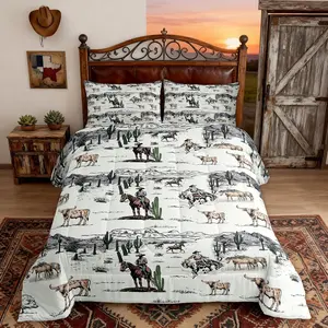 Feelyou Western Cowboy Microfiber Breathable Decorative Soft Duvet Set - Vintage Southwest Vibe, Cowboy Print, Desert Cactus, Cow & Horse Designs, Multi-Size Polyester Bed Sets, RV-Friendly Bedding, Microfiber Bedding Set