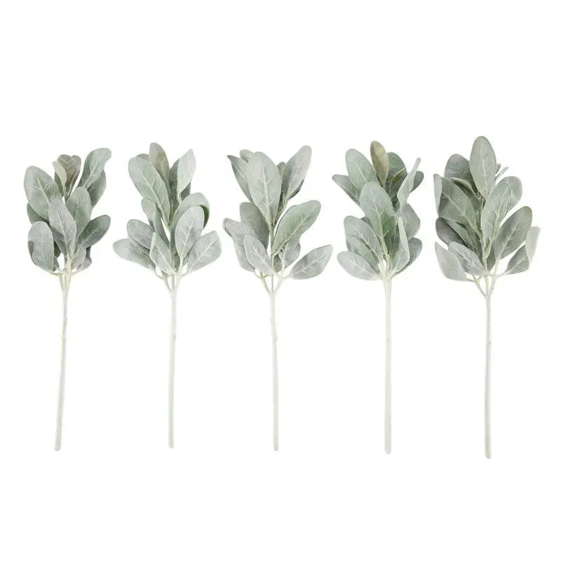 5-Pack Flocked Artificial Lamb Ear Stems with Rabbit Ear Leaves and Solid Spray Eucalyptus - Small Animal Pet Chew Toys, Farmhouse Wedding Floral Vase Bouquet Accents, Natural Look Home Decoration Artificial Leaves