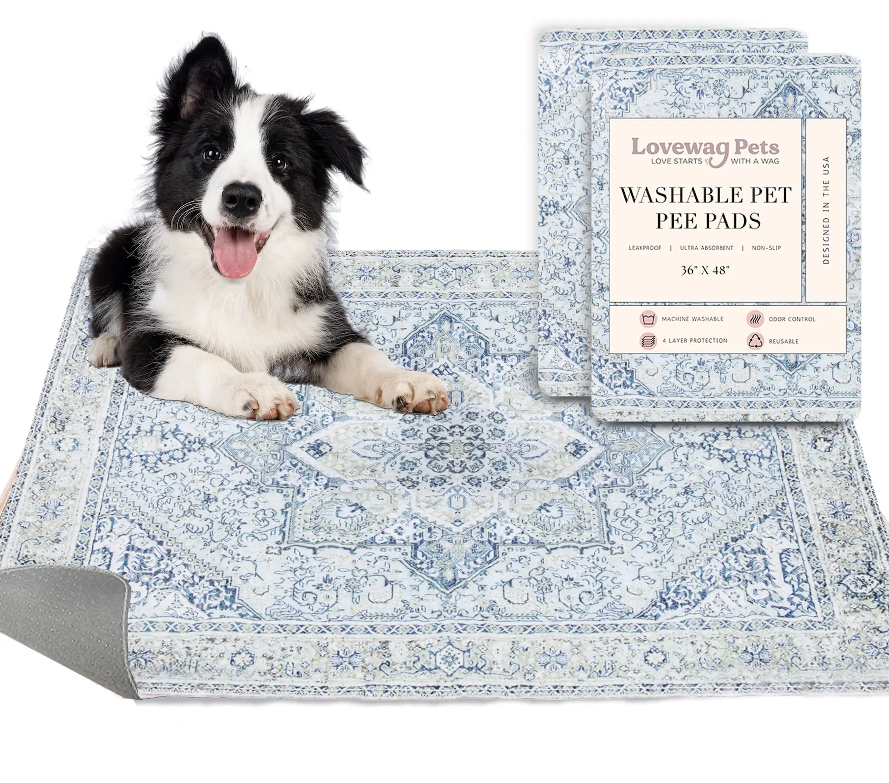 Lovewag Washable Dog Pads, Silvered Blue Pack of 2, Hana Blushing Rose,Eco-Friendly and Leak-Proof Design, 16" x 24" & 36" x 48"