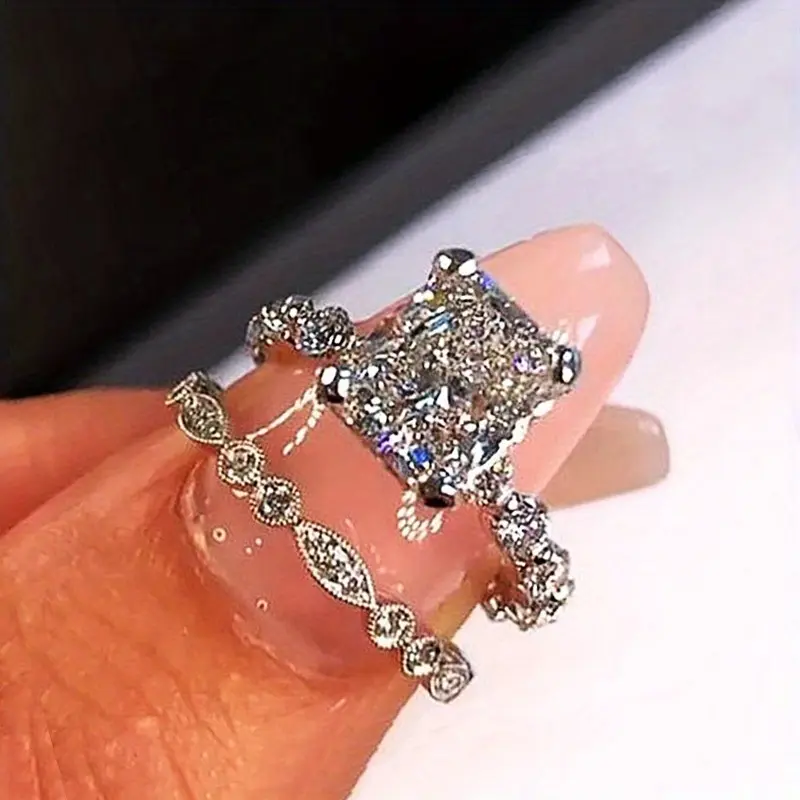2Pcs/Set Shiny Zirconia Rings for Women - Delicate Square Cut, Bridal Wedding Ring Set Luxurious Women Rings Valentine's Day Gift Set