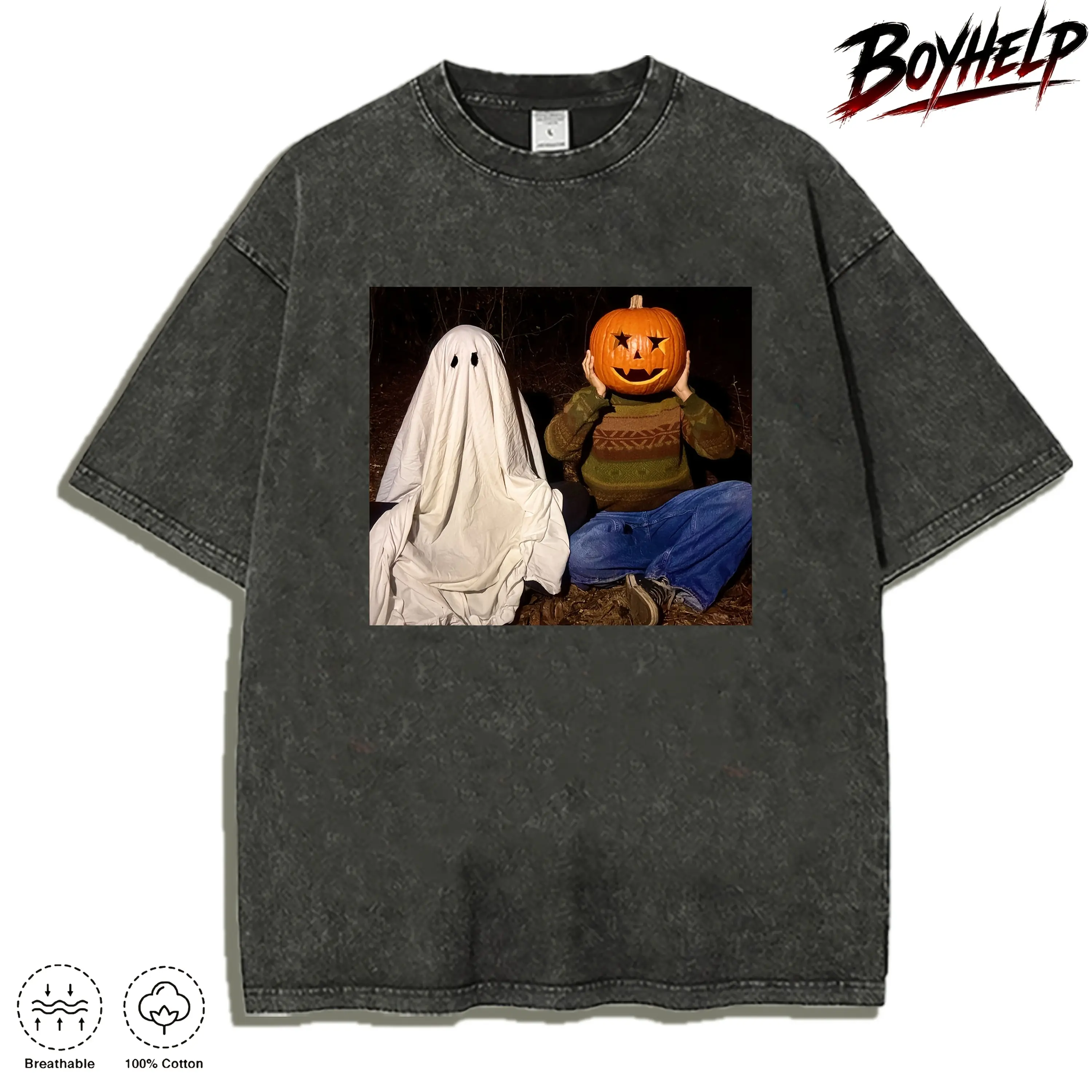 Men’s Washed Black Halloween T Shirt, Vintage Ghost And Pumpkin Graphic Tee, Spooky Night Adventure Streetwear, Retro Horror Aesthetic Oversized Shirt, Dark Fall Fashion Top, Casual Cotton Graphic Tee, Halloween Party Outfit Halloween patterned T-shi Crew