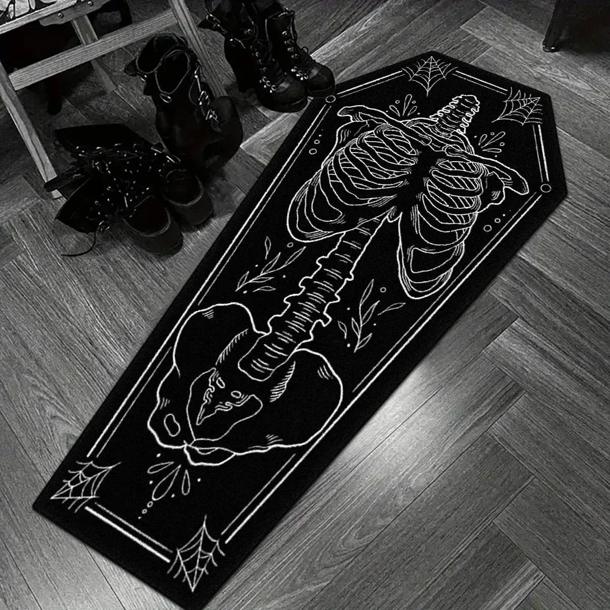 1pc Halloween rug, coffin shaped floor mat, Gothic style coffin shaped mat with skull design, Halloween home decor, irregular shape, Spooky rug, Polyester Fiber Rug, Decorative Rug, 100% polyester, hand wash only