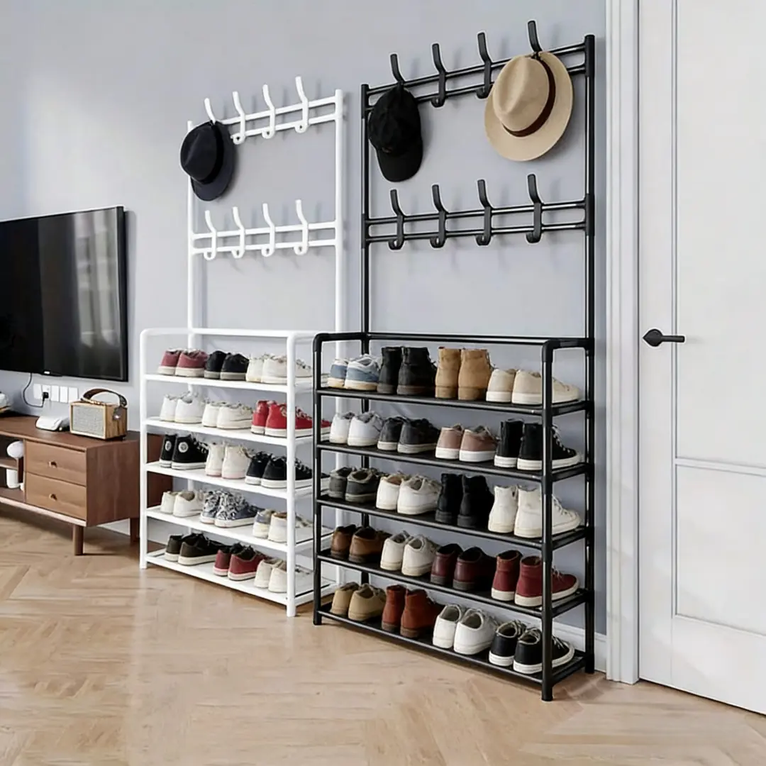 5-Layer Combination Shoe Rack Organizer - Modern Black Metal Plastic Entryway Unit with Coat Hooks, Sturdy Frame, Deep Shelves for Boxes, 60x26x167cm Floor-Standing Hat Holder for College Dorms (Footwear Storage Solution)
