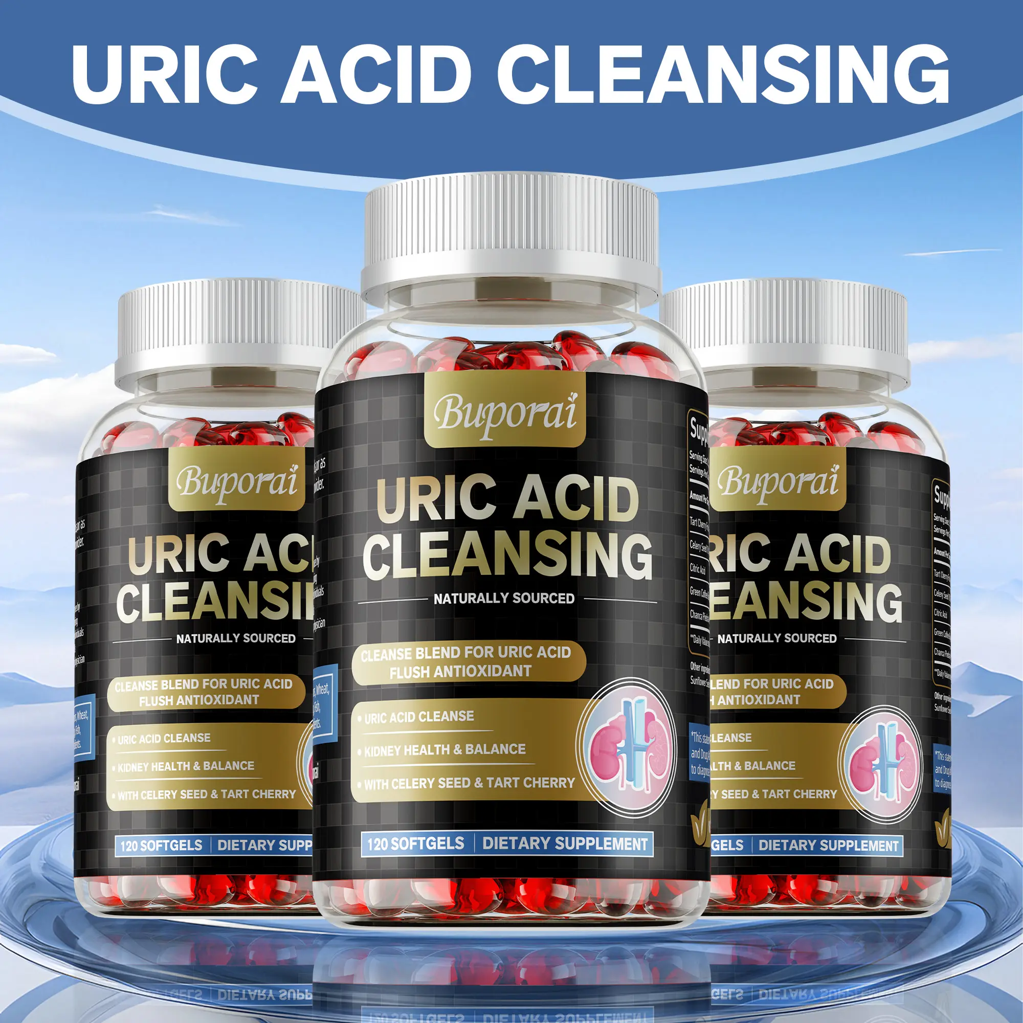 120 Buporai Vegetarian Supplement Capsules, nutritional capsules that support uric acid and kidney health, containing extracts of sour cherry, celery seed, citric acid, and green coffee beans.