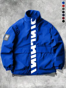 Men's Casual Stand Collar Versatile Jacket with Large Letter Print Zipper Magic Tape Double Windproof Design for Sports Leisure Daily Commuting Parties Perfect Gift