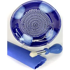 -in-  Ceramic Garlic Grater Plate 4- Set - Blue  Glazed Design and Style - For Garlic, Ginger, , and ! - Comes with 5.25" Plate, Peeler, Brush, and Stand