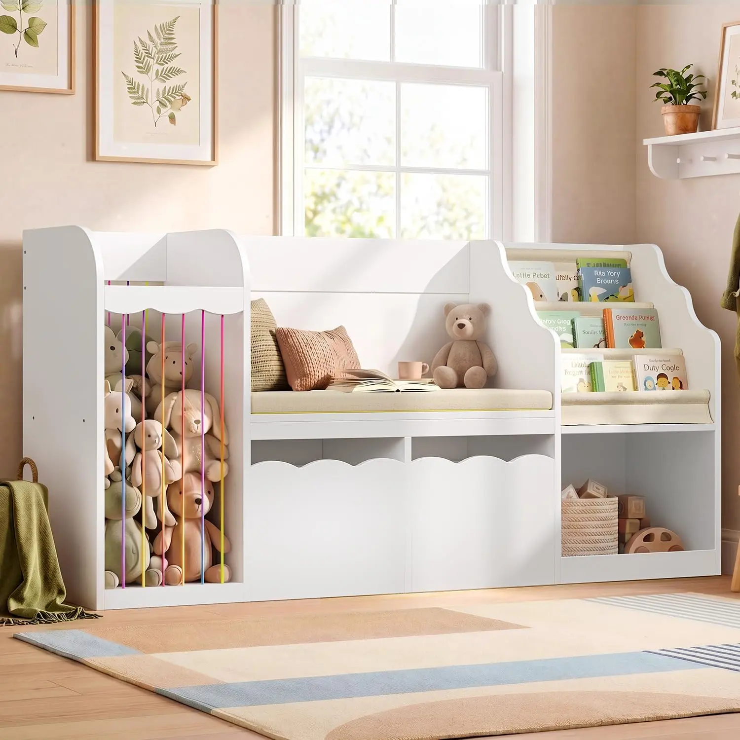 HAUOMS 63" Small Bookshelf with Storage, Reading Nook, Toy Storage Organizer, 5-in-1 Bookcase with Padded Bench, 2 Removable Bins, Open Cubby, Low Center of Gravity & Rounded Edges, Living Room