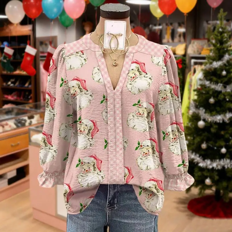 Cherrybetty Mixed Christmas Santa Print Cuff Sleeve Top Blouses Shirts cute fall outfits going outfits going tops basic tops elegant classy tops game day outfit office outfits women club outfits women