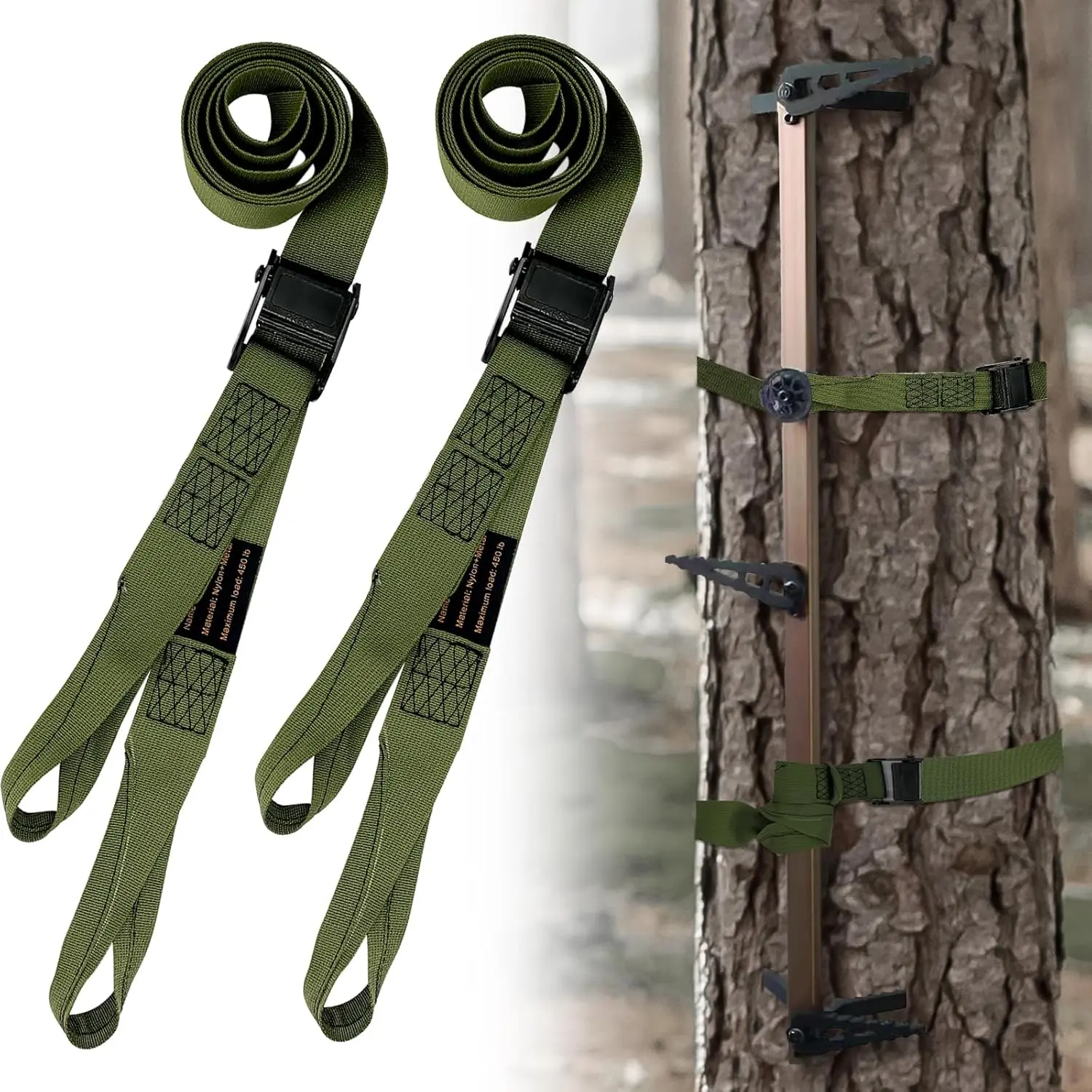Heavy Duty Nylon Replacement Climbing Stick Straps, 6.5FT Extended Length Universal Stainless Steel Buckle Tree Stand Straps, Reusable Hunting Accessories for Hang-On Platforms - Heavy-Duty 400LB Capacity High Safety Factor, Metal, 6.5 Feet