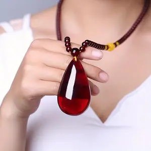 Bohemian Style Resin Blood Drop Pendant Necklace - Long Sweater Chain with Amber and Honey Wax Finish, Fashion Accessory for Casual Attire or Gifting, Bohemian Jewelry