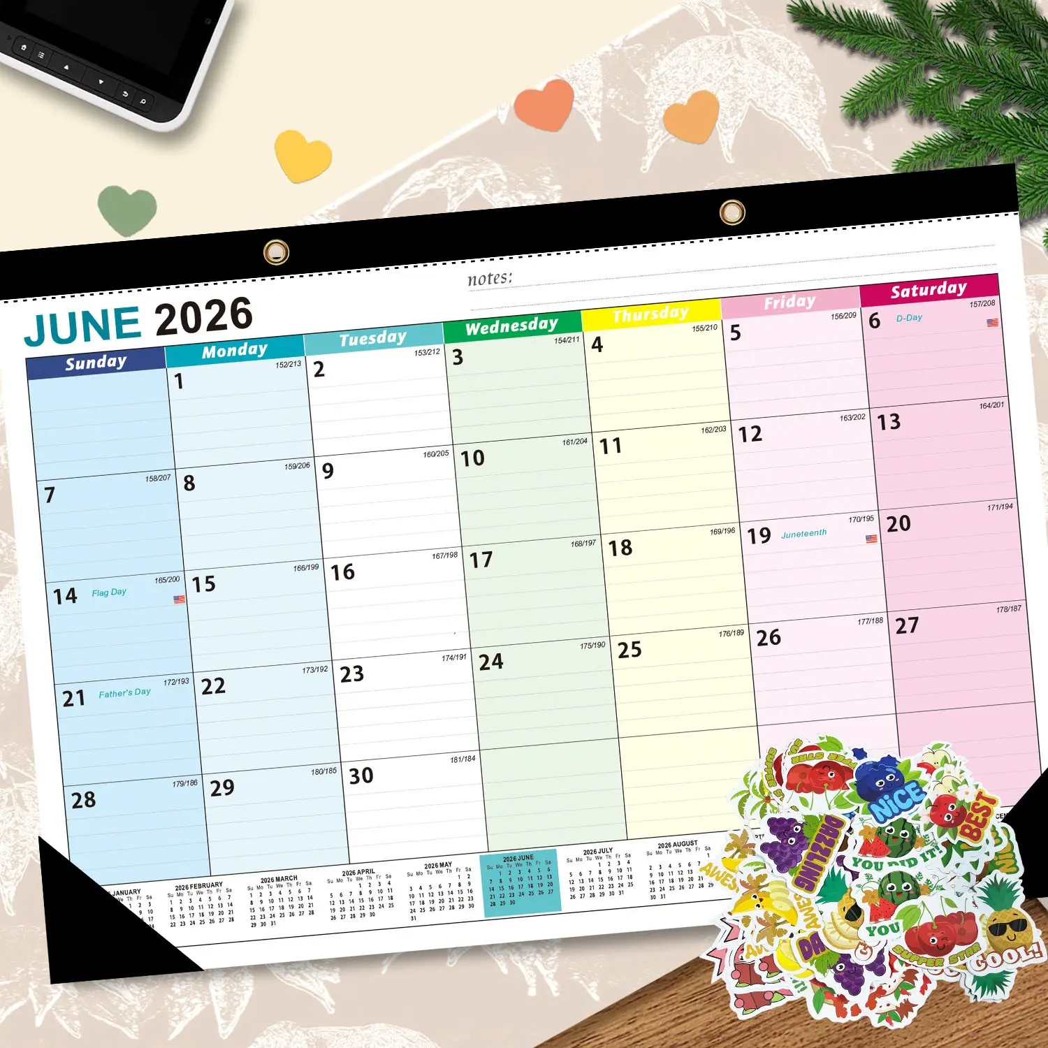 2026-2027 Wall & Desk Calendar, Wall Calendars, Calendar Design, 19 Months, 17x12 Inch Large Grid, Includes 36 Stickers, Holidays & Notes, Home Office School Monthly Planner