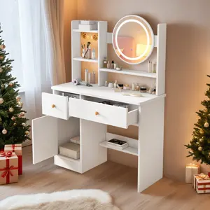 Small dressing table with LED lighting mode and adjustable brightness, 2 storage drawers, ladies'/girls' bedroom dressing table, white