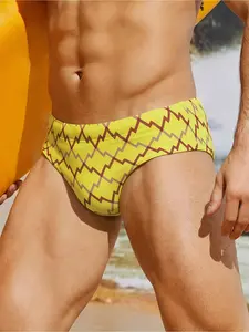 Men's geometric print triangle swim trunks, men's high-elastic swimwear, summer beach quick-dry shorts