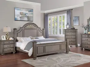 Darby Home Co CM7129GY 4 pc Bohn Syracuse Grey Finish Classic Style Oval Headboard Poster Bed Queen Set Assembly Required