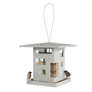 Bird Cafe Modern Bird Feeder, Architectural Cube-Shaped Design, Clear Windows, Wrap-Around Tray, Steel Cable for Hanging, Recycled Plastic - 1 Pack