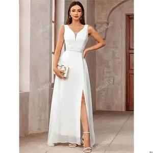 White Long Wedding Chiffon Sleeveless Bodice Lace Neck V Deep Split Thigh Dress Elegant Bridal