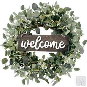 20in Green Eucalyptus Leaf Wreath with Welcome Sign Artificial Eucalyptus Spring Summer Wreath for Front Door Wall Window Farmhouse Festival Porch Patio Garden Decor