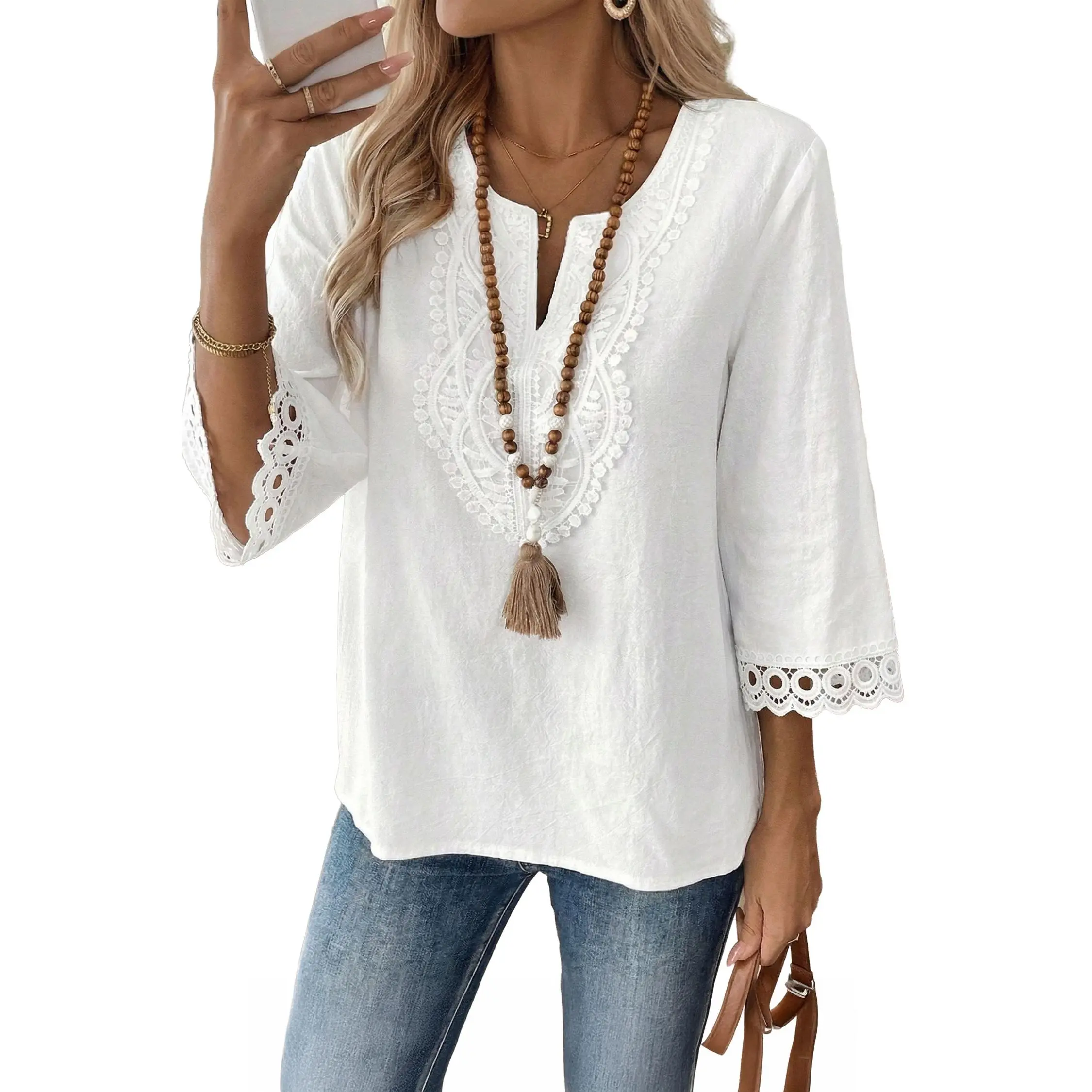 EVALESS Women's Breathable Cotton-Blend Boho Tunic, Lace Trim 3/4 Sleeve V Neck Blouse Deals For You Days summer outfits,back to school,back to school shopping