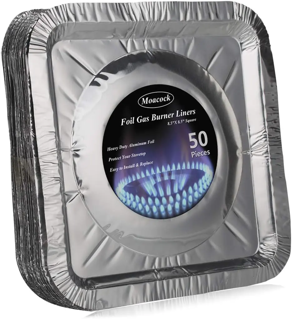 50-Pack Recyclable Tinfoil Square Stove Burner Covers, Heavy-Thick Disposable Bib Liners, 8.5in Drip Pans for Gas Range Tops, Disposable Cookware, Aluminum Foil Food Covers