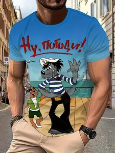 Men'S 3D Graphic T-Shirt - Cartoon Dog & Youngsters Dancing Design, Blue Short Sleeve Tee with Red Text, Casual & Sporty Style, Regular Fit, Breathable Fabric for Casual Attire, PLUS SIZE