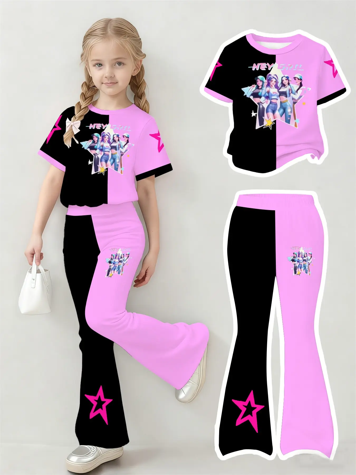 Girls Virtual Girl Group Themed Casual Playful T-Shirt & Flare Shorts Set, Colorful Five-Point Star Light Pattern, Stylish Unique Clothing Set, Graphic Print Set, Summer Clothes Set, Outfits Set, Fashion Style Sets, Clothes Kids