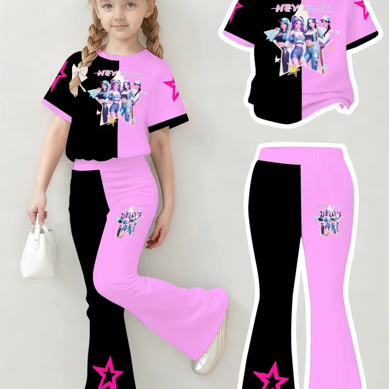 Girls Virtual Girl Group Themed Casual Playful T-Shirt & Flare Shorts Set, Colorful Five-Point Star Light Pattern, Stylish Unique Clothing Set, Graphic Print Set, Summer Clothes Set, Outfits Set, Fashion Style Sets, Clothes Kids