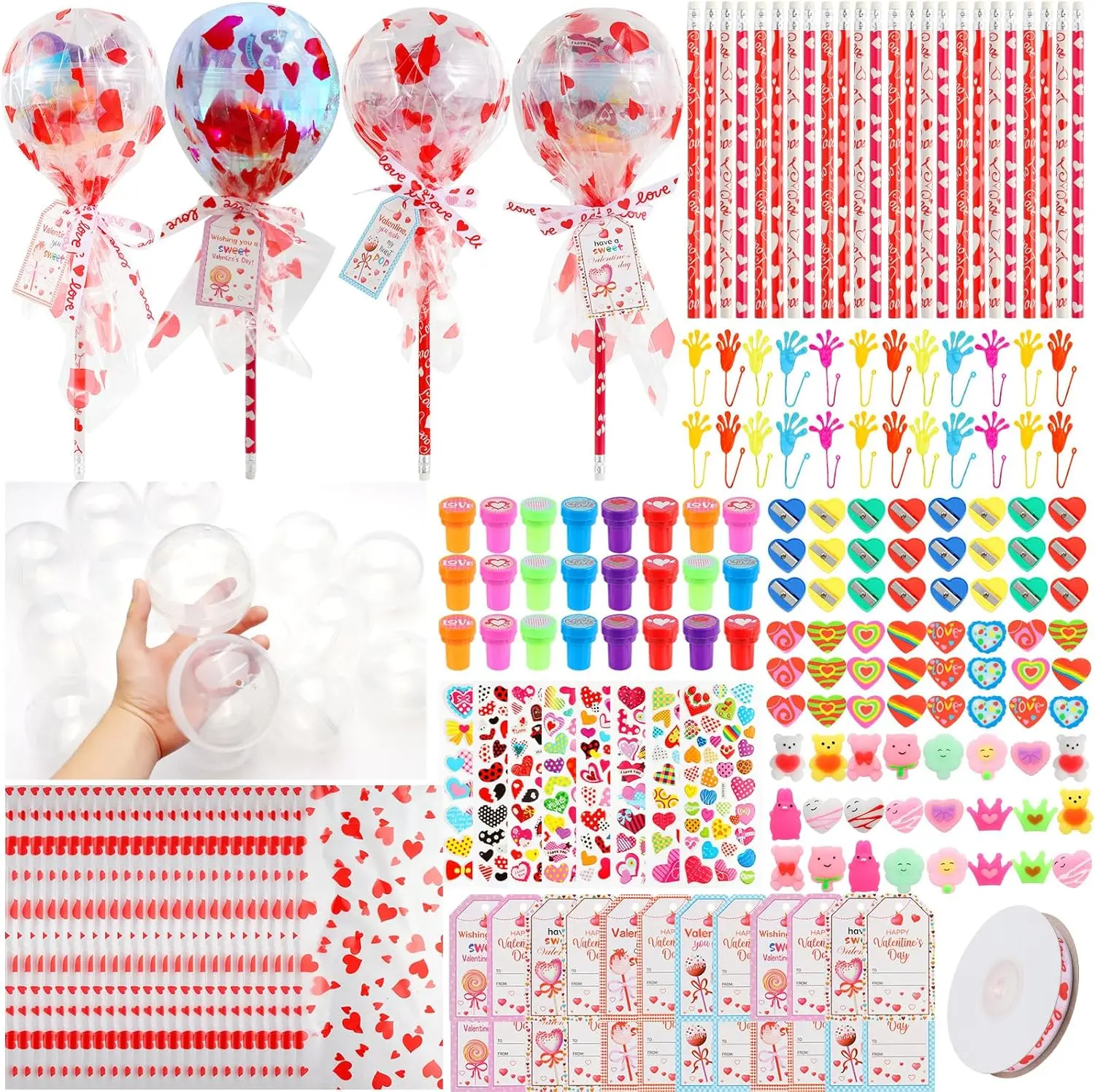 24Pack Valentines Day Gifts Student Stationery Gifts from Teacher Giant Lollipop with Gift Cards, Pencils Stickers Erasers Sharpener for Classroom School Exchange Birthday Party Gift
