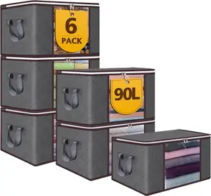90L Large Storage Bag, 6 Pack Foldable Blanket Storage Bins, Clothing Storage Bins, Foldable Clothes Organizer and Storage Containers with Lids and Handle for Organizing Bedroom, Closet, Clothing