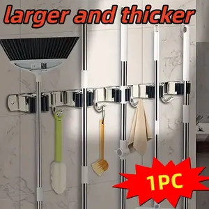 Home Decoration: Multi-Purpose Stainless Steel Wall-Mounted Mop Rack with 5 Storage Slots and 4 Stainless Steel Hooks, It Fits Bathrooms, Garages, Etc. Holds Mops, Tableware and Towels, Anti-slip, Durable, Space-saving, and Keeps Spaces Tidy Easily.