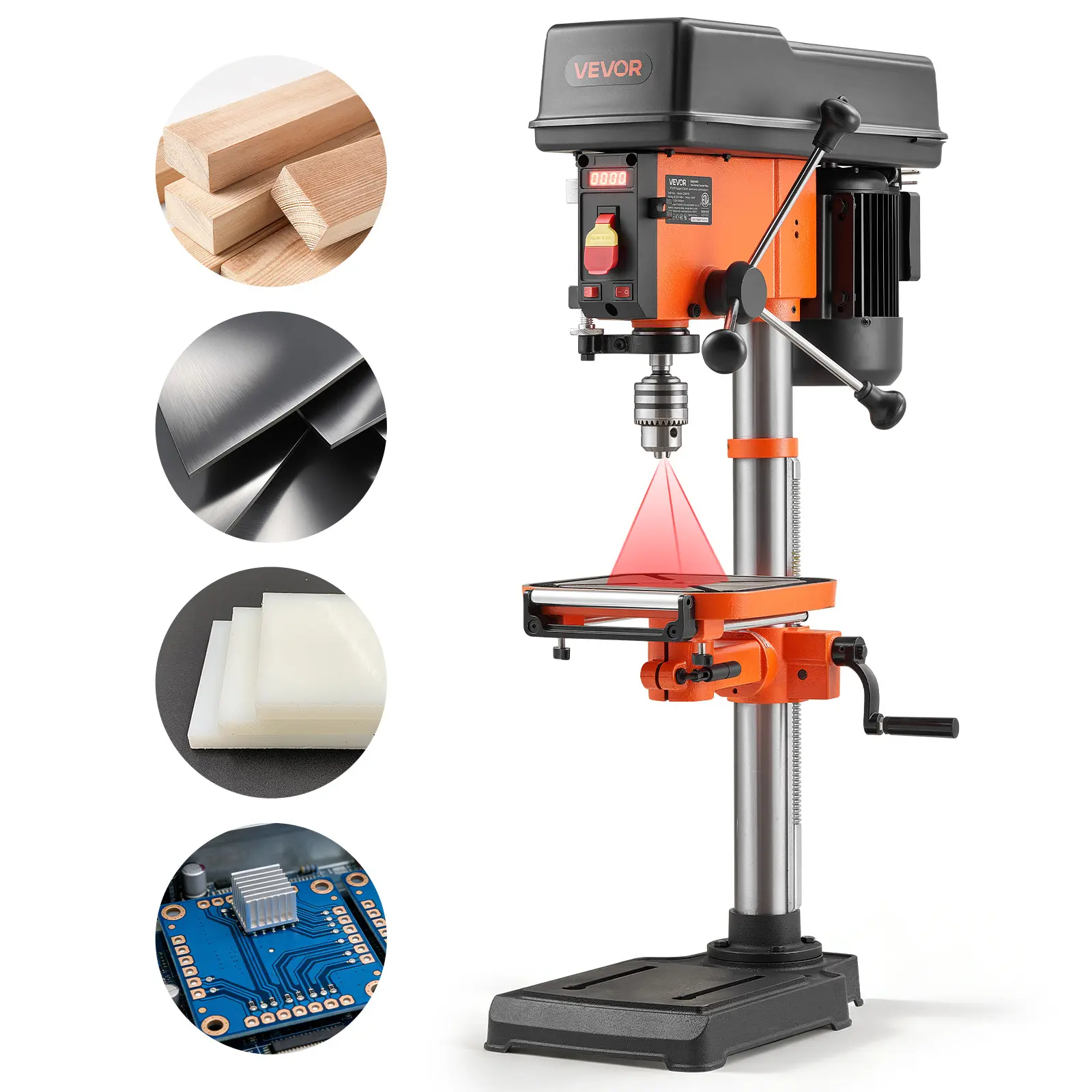 【summerfinds】VEVOR 12-Inch Benchtop Drill Press, 6.2 Amp, 1 HP Bench Drill Press, 530 to 3140 RPM Variable Speed, 0-45° Tilting Worktable, with Laser and LED Work Light, Tabletop Drilling Machine, for Wood Metal