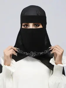 1PC Middle Eastern Fashion Rhinestone Chiffon Niqab, Elegant Floral Rhinestone Veil for Women, Muslim Daily Wear, Outdoor Sun Protection Face Mask Hijab