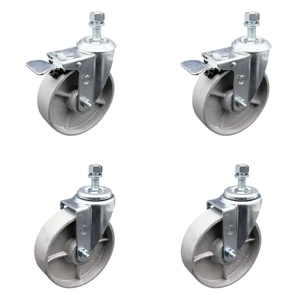 212 MAIN Heavy Duty Rugged Semi-Steel Cast Iron Swivel Threaded Castors with Roller Bearings, 5x1.5in, 0.5in Threaded Stem, Silver Lockable Wheels with Total Locking Brake - Set of 4 (SCC-TSTTL20S515-SSR-121315-2-S-2)