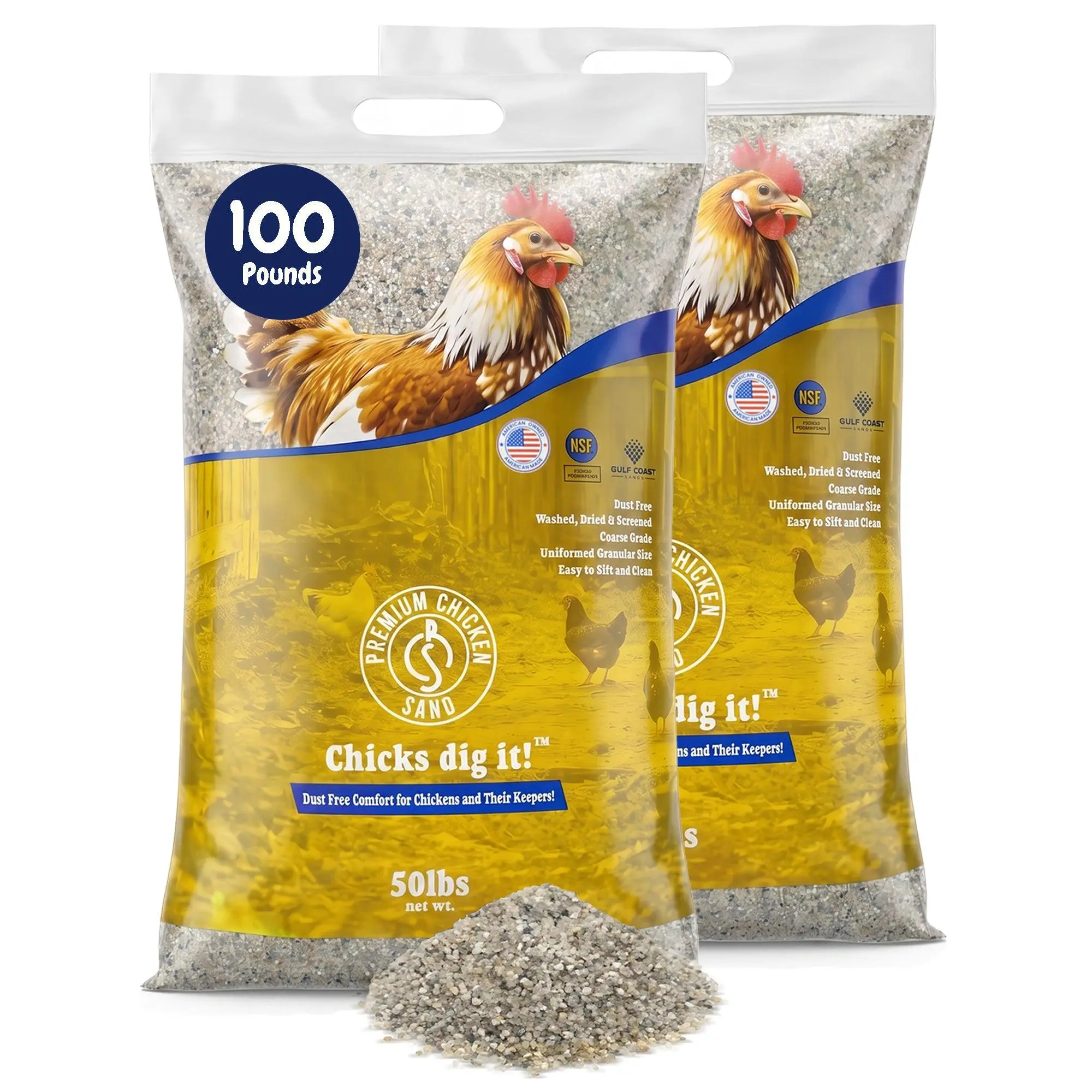Premium Chicken Sand, Odor Eliminating Bedding for Coops, 50 Lb Bag, 2 Pack