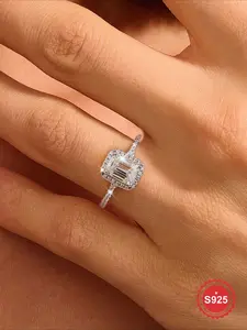 1 Pc Gorgeous Zircon Rectangle Halo Engagement Rings For Women Real S925 Sterling Silver Eternal Ring Promise Wedding Ring Luxury Ladies Fine Jewelry Anniversary Gift Girlfriend Gift Birthday Gift Dating Gift Valentine's Day Gifts