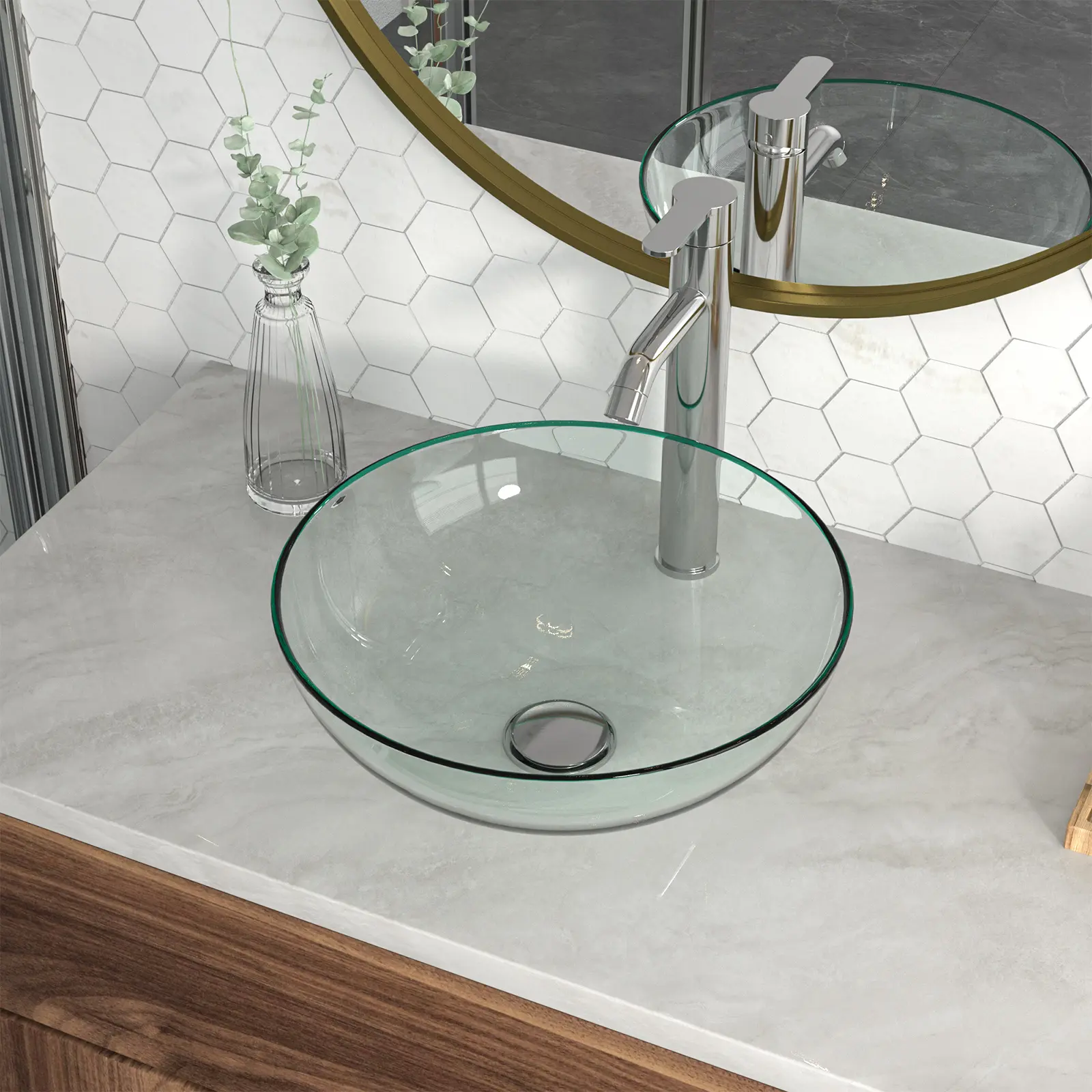 Logmey 16" Round Glass Bathroom Vessel Sink - Modern Countertop Art Basin with Faucet, Pop-up Drain Set, Easy Installation for Home Improvement Bathroom Sinks,bathroom makeover