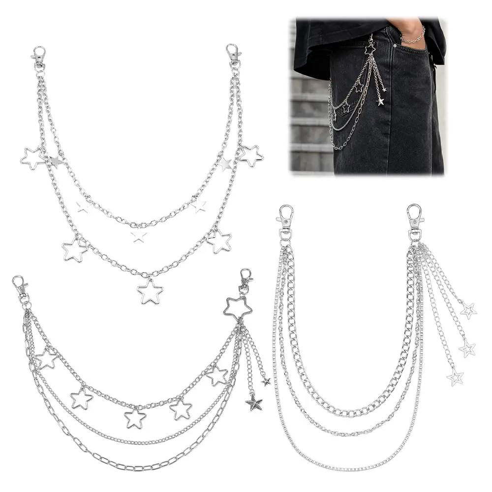 3Pcs Multi‑Layer Metal Waist Chain, Y2K Punk Hip‑Hop Pants Chain, Alloy Star Pendant Wallet Chain, Unisex Streetwear Decor Accessory for Jeans Shorts Skirts, Gothic Vintage Fashion Body Jewelry for Men & Women