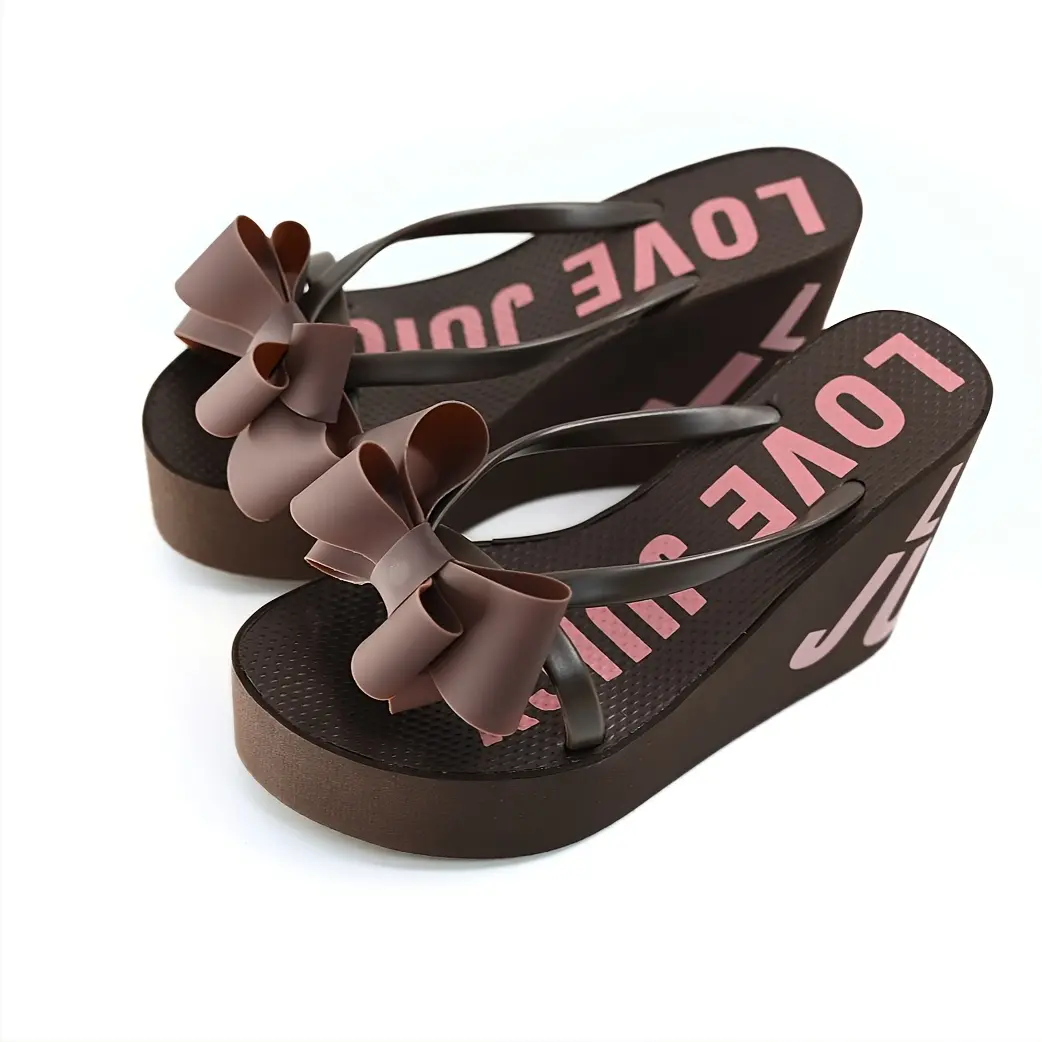 Women's Wedge Flip-Flop Shoes - Summer New Style, Bow Accent, Thick Chunky Sole, Height Increasing, Beach Vacation Wedge Sandals, Bow Shaped Women's Sandals, Decor