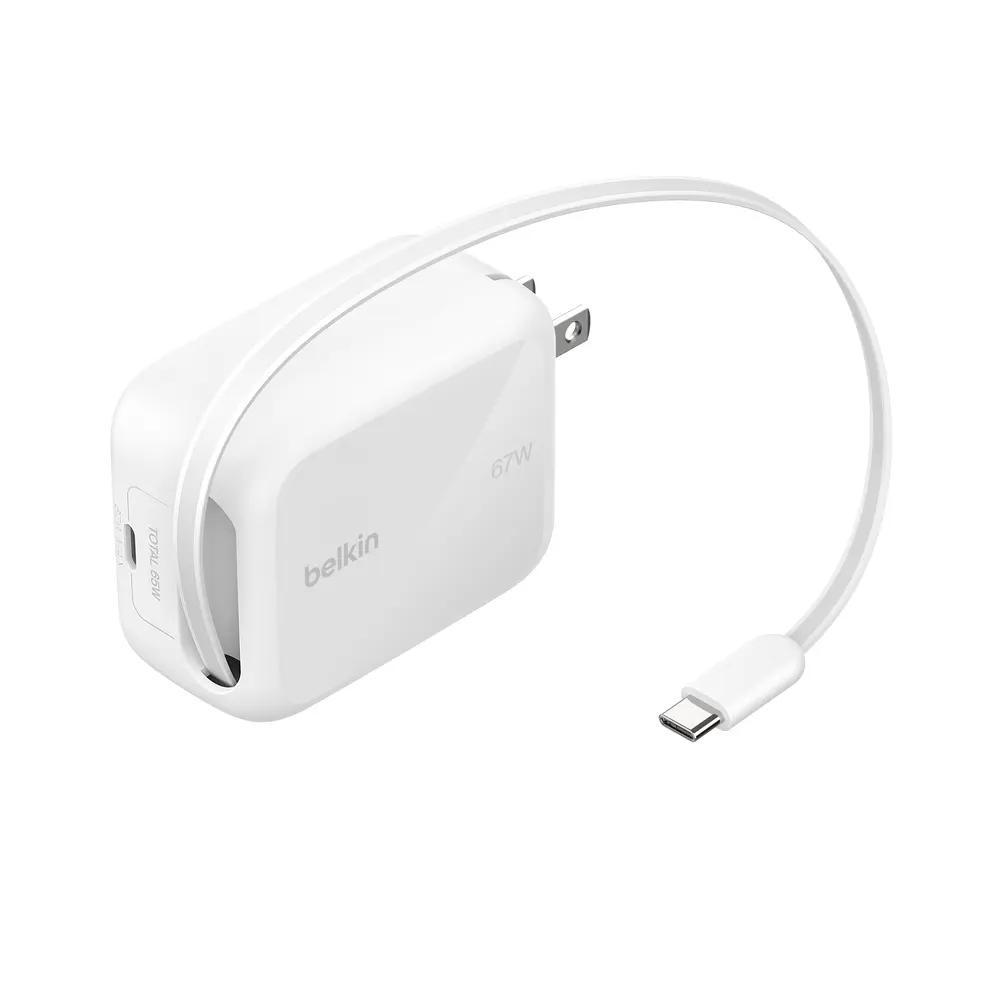 Belkin UltraCharge Retractable GaN Wall Charger 45W/67W, White, Smartphone, Port