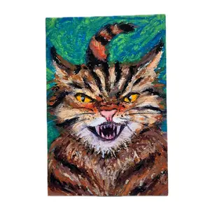 Angry Cat Oil Pastel Print - Vibrant Artwork Featuring a Fierce Cat with Bold Colors and Expressive Details