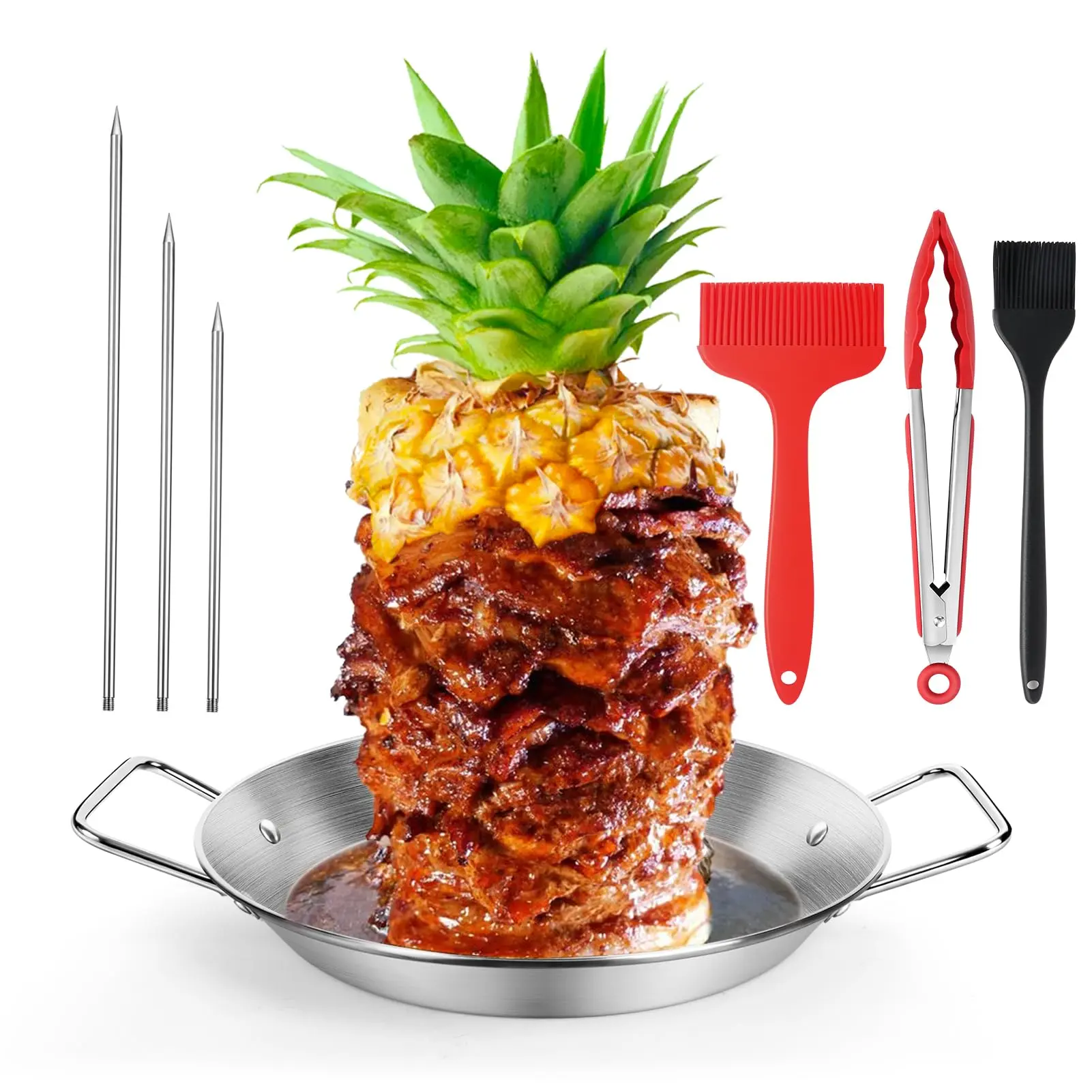 Stainless Steel Skewer & Gyro Pan for Grill – BBQ Vertical Skewer Pan Set with 3 Removable Spikes (8”/10”/12”), Brushes & Tongs, Brazilian Spit Stand for Tacos, Shawarma, Kebabs, Oven